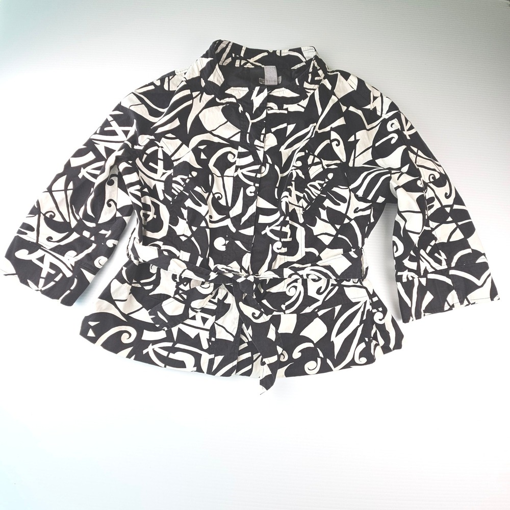 Investments Black White Abstract Print Belted Jacket Size 16 Artsy Streetwear